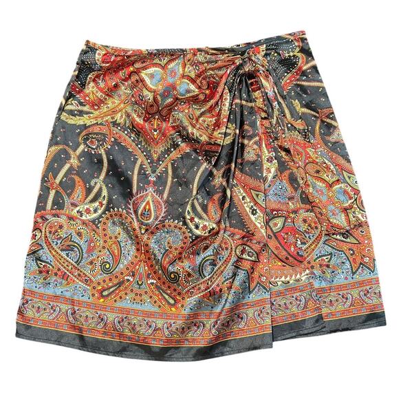 Silky Skirt- Faux Wrap- Black Red- Abstract- Large Richie Tailor knee length - Picture 1 of 5